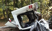 Uszkodzony w wyniku zdarzenia samochód, który brał udział w wypadku, pora dzienna w tle drzewa