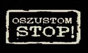 Grafika z napisem STOP OSZUSTOM. Białe litery na czarnym tle