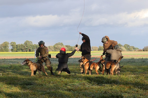 Grupa kontrterrorystów ze swoimi psami po desantowaniu ze śmigłowca, ich dwaj koledzy zabezpieczają linę ze śmigłowca.