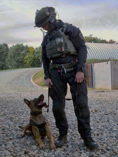 Policyjny pies leży przy nodze przewodnika ubranego w mundur taktyczny, obaj spoglądają na siebie.