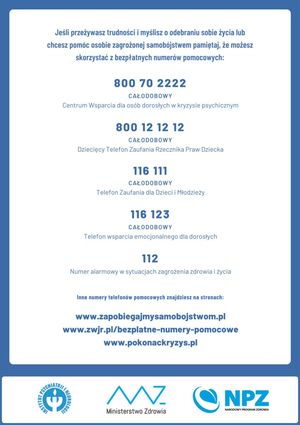 zdjęcie ulotki z numerami pod którymi można szukać pierwszej pomocy w przypadku kryzysu emocjonalnego