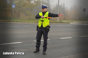 policjant ruchu drogowego na drodze zatrzymuje pojazd