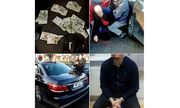 kolaż zdjęć: zabezpieczone pieniądze, auto, oraz zatrzymany mężczyzna
