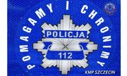 gwiazda policyjna na niebieskim tle i napis: Pomagamy i chronimy