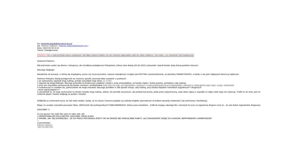 zrzut ekranu przedstawiający treść e-maila przesłanego do komendy przez mężczyznę, który został wcześniej ukarany wysokim mandatem i punktami karnymi za wykroczenia
