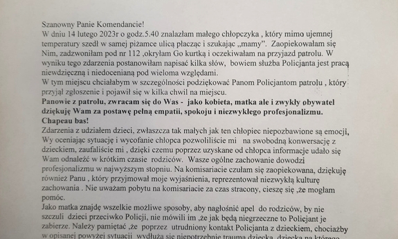 zdjęcie przesłanych podziękowań dla policjantów