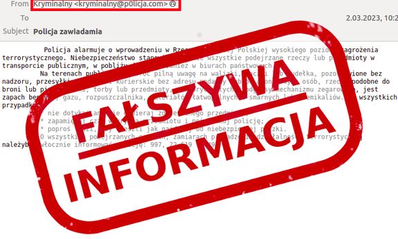 zdjęcie e-maila a na nim czerwony napis: Fałszywa informacja