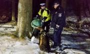 dwaj policjanci i pies policyjny zatrzymują w lesie poszukiwanego