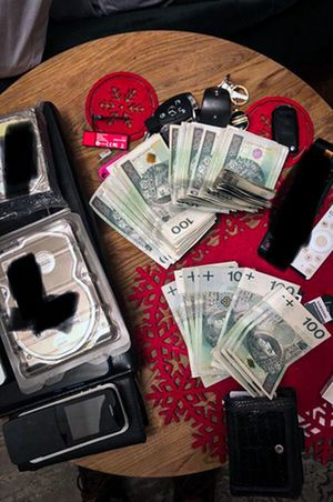Zdjęcie przedstawia zabezpieczone przedmioty, m.in. pieniądze.