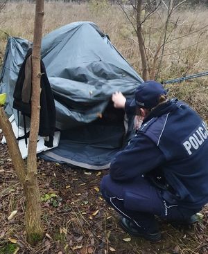 policjant sprawdza namiot rozbity w zaroślach