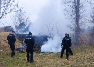 czterej policjanci na skraju palącej się łąki, jeden trzyma w ręku gaśnicę