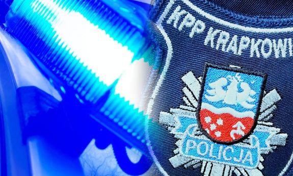 niebieski sygnał świetlny i naszywka z munduru z logiem KPP w Krapkowicach