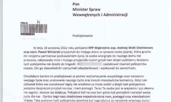 treść podziękowań dla policjanta