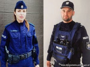 kolaż dwóch zdjęć na lewym umundurowana policjantka, na zdjęciu po prawej umundurowany policjant
