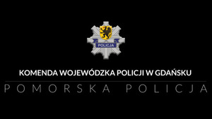 na czarnym tle policyjna gwiazda i herb województwa pomorskiego, pod spodem biały napis: Komenda Wojewódzka Policji w Gdańsku, pod spodem napis Pomorska Policja