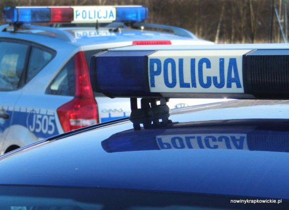 Napis Policja na belce na dachu na widocznych fragmentach dwóch radiowozów