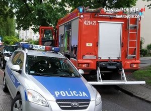 radiowóz policyjny i wóz strażacki stoją na ulicy
