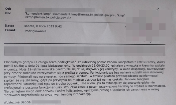 zdjęcie wydrukowanego e-maila z podziękowaniami dla policjantów