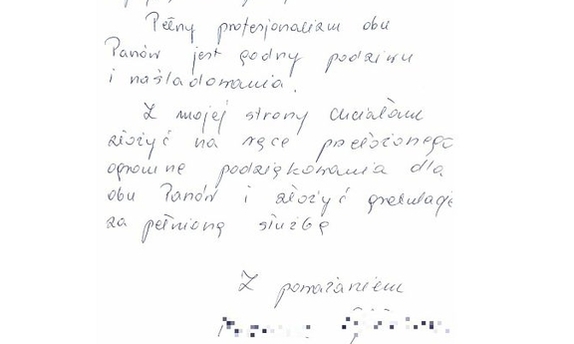 Zdjęcie fragmentu listu z podziękowaniami dla policjantów. Deskrypcja listu z podziękowaniami w załączniku
