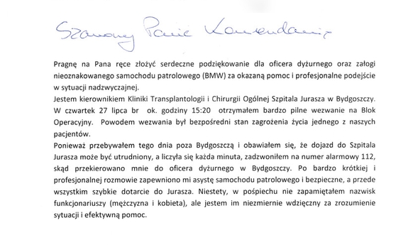 zdjęcie listu z podziękowaniami dla policjantów