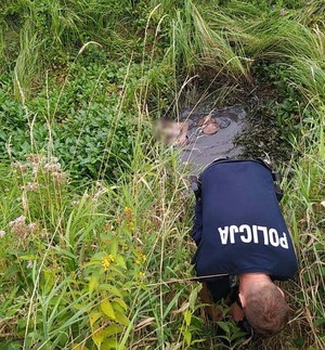 policjant wchodzi do rowu porośniętego roślinnością i wypełnionego wodą
