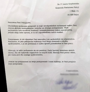 zdjęcie listu z przeprosinami dla policjantki