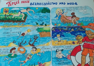 zasady bezpiecznego pobytu nad wodą w postaci scenek, w których chłopcy i dziewczęta się bawią w wodzie. Po prawej stronie rysunku postać ratownika wodnego.