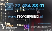 grafika z napisem Stop depresji - Życie warte jest rozmowy&quot; i numerem  Telefonu Zaufania Fundacji ITAKA 22 484 88 01