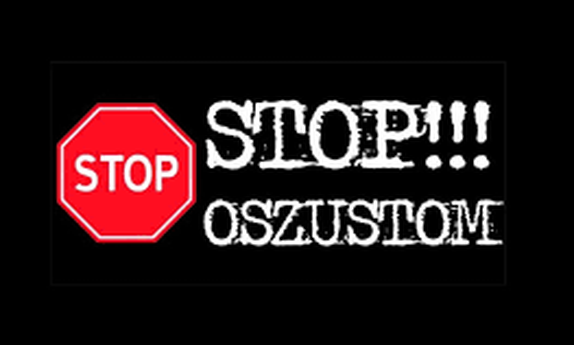 grafika przedstawia na czarnym tle biały napis: stop oszustom i znak ostrzegawczy z napisem stop