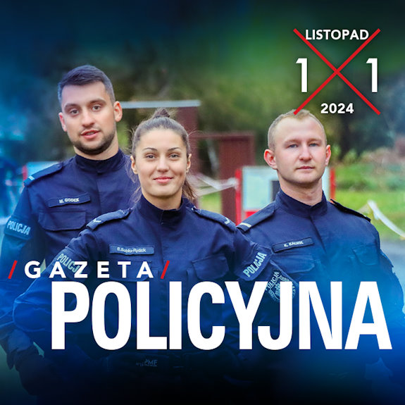 Fragment okładki listopadowego numeru Gazety Policyjnej przedstawiający troje policjantów w mundurach bez nakryć głowy.