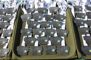 na tacach lezą medale za bieg na rzecz Dzieci Chorych na Nowotwory