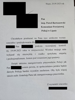 zdjęcie listu z podziękowaniami dla policjantów