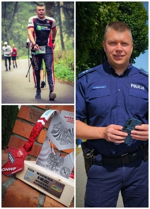 Kolaż trzech zdjęć. Asp. Marcin Brewczyński w mundurze, w stroju sportowym w trakcie Nordic Walkingu oraz statuetka i medal