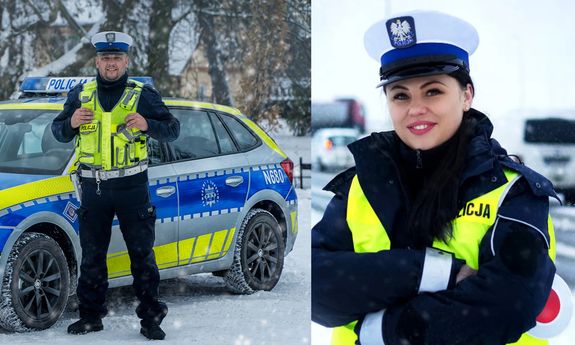 Kolaż z dwóch zdjęć. Pop prawej stoi policjant przy radiowozie. Po lewej stoi policjantka