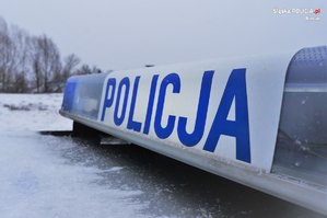 sygnalizator świetlny z napisem policja na dachu radiowozu policyjnego, w tle zaśnieżone pola i drzewa