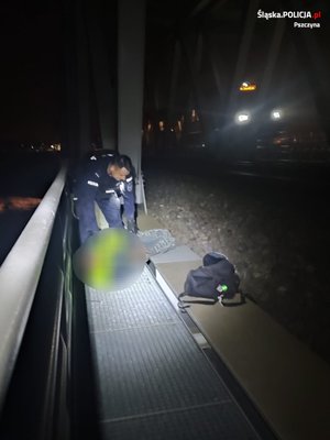 Zdjęcie przedstawia policjanta pod leżącym mężczyzną, z tyłu widoczny pociąg