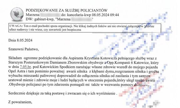 podziękowania w formie maila