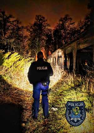 noc. policjant świeci latarką w las