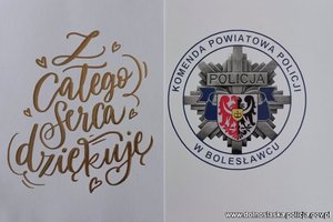 kartka z napisem &quot;z całego serca dziękuję&quot; oraz logo jednostki policji
