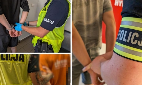 Policjanci z zatrzymanymi mężczyznami na kolażu trzech zdjęć