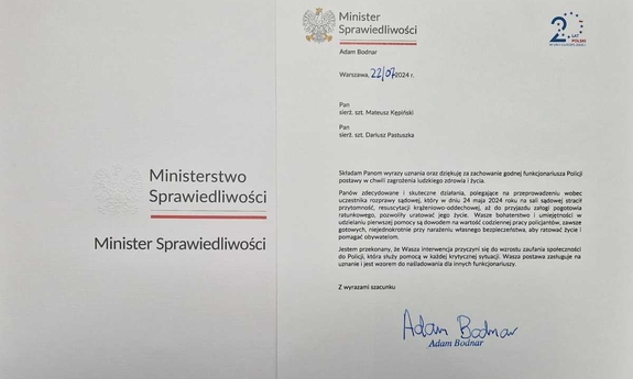 treść podziękowań od Ministra Sprawiedliwości dla dzielnicowych
