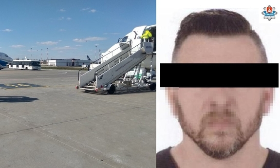 kolaż dwóch zdjęć: zdjęcie zatrzymanego i policjanci na płycie lotniska obok samolotu