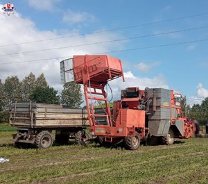 kombajn na polu, nad nim są linie energetyczne