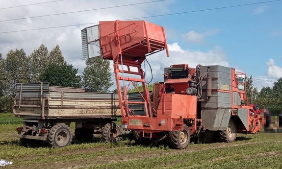 kombajn z koszem, nad nim linia wysokiego napięcia