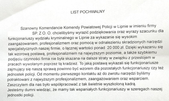 zdjęcie listu z podziękowaniami dla policjantów