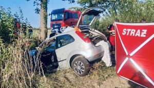 miejsce wypadku drogowego, na zdjęciu samochód w rowie. W tle wóz strażacki, strażacy i policjanci