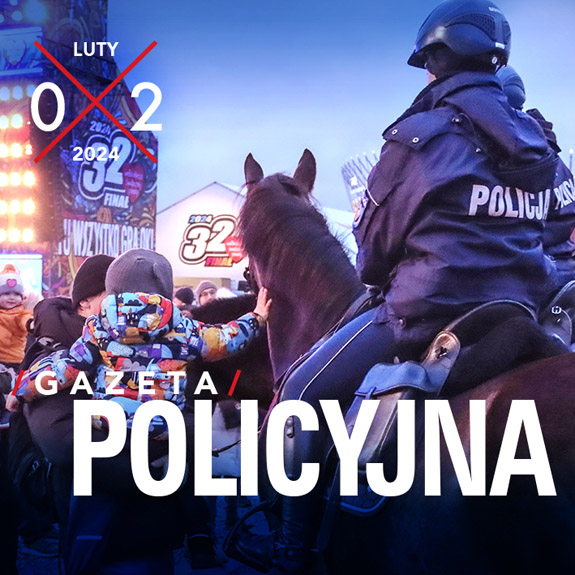 Fragment okładki Gazety Policyjnej przedstawiającej policjanta na koniu pilnującego bezpieczeństwa podczas 32 finału WOŚP.