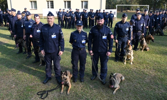 grupa policjantów, którzy biorą udział w mistrzostwach i psy policyjne