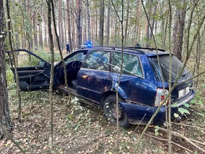 w środku lasu stoi tyłem niebieski samochód poobijany po ucieczce