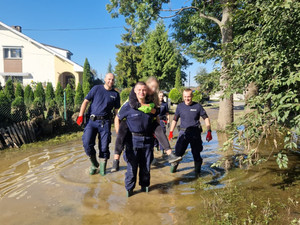 policjant niesie kobietę na rękach idąc przez wodę, z tyły idą inni policjanci.